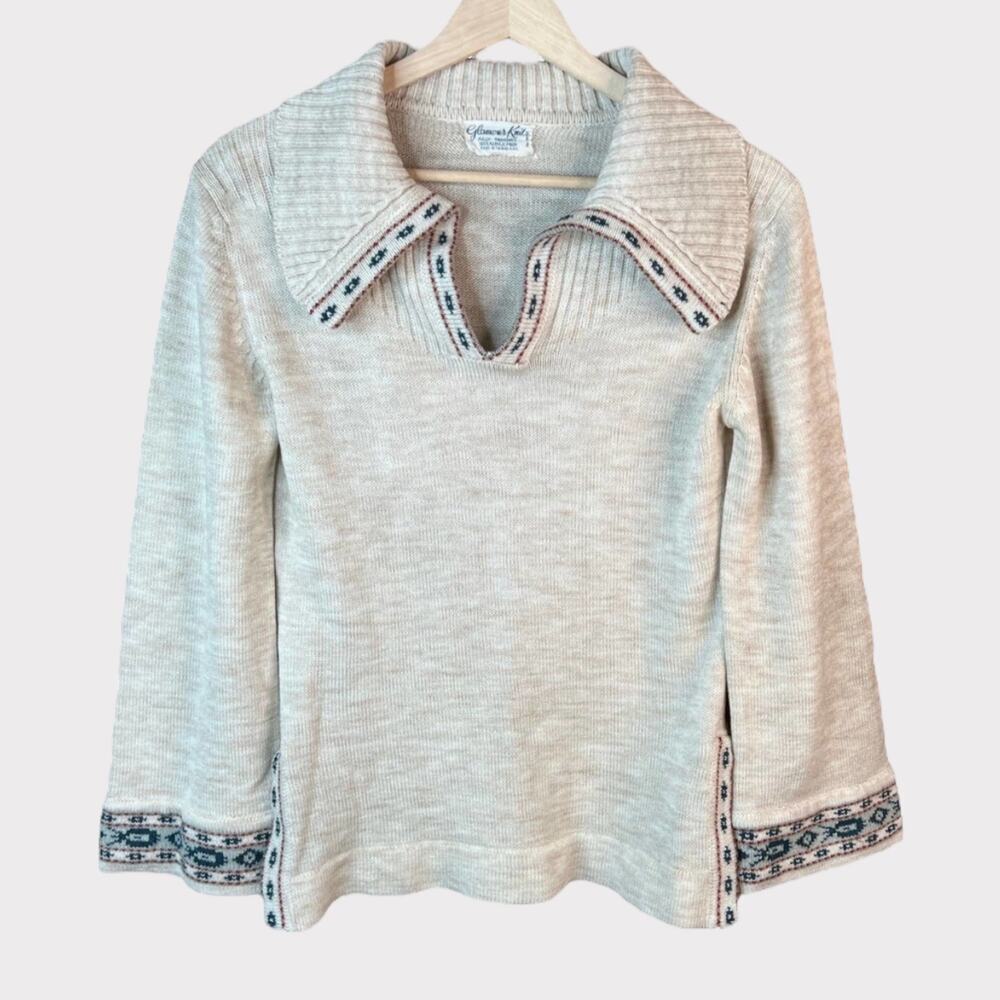 Glamour Knit VINTAGE Womens Bell Sleeve Tunic Sweater sz S Oatmeal Chunky Ribbed